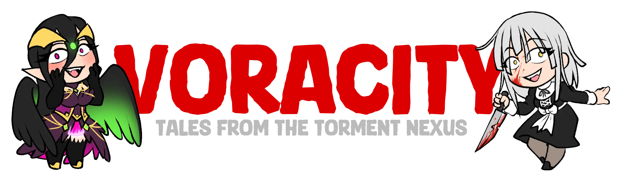 Site banner depicting two chibi characters, the title "Voracity" and the subtitle "Tales from the Torment Nexus."
